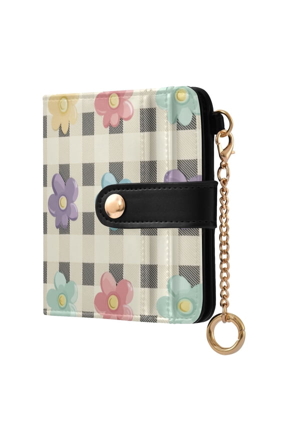 Retro Checkered Pattern with Flowers Women's Wallet PU Leather Card Cases RFID Blocking Purse Billfold with Key Ring