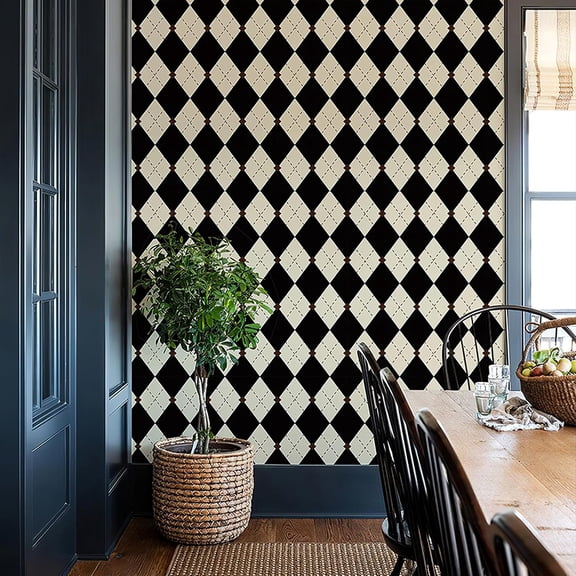 Retro Checkered Peel and Stick Wallpaper Black and White Wallpaper 17.3"x480" Vintage Plaid British Geometric Wall Paper for Bathroom Kitchen Cabinet Contact Paper