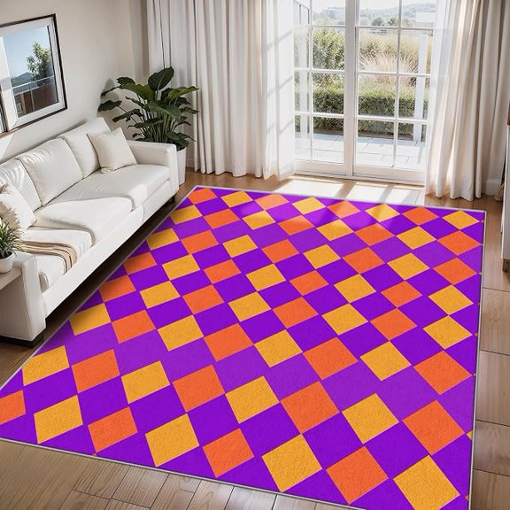 Retro Checkered Rugs for Living Room, Funky 70s Orange Purple Checkerboard Home Decor Indoor Carpet for Bedroom, Washable Checkered Area Rugs, Non-Slip Backing 5 x 6ft