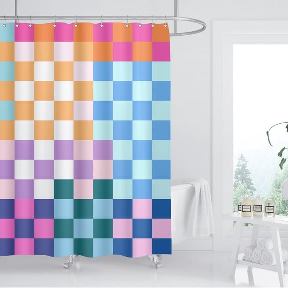 Retro Checkered Shower Curtain Colorful Geometric Modern Rainbow Minimalist Groovy [951]