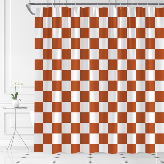 Retro Checkered Shower Curtain Orange White Vintage 60s 70s Checkerboard Modern Funky Groovy Abstract Aesthetic Cute Fabric Bathroom Decor Set with Hooks（72" WX72 H）