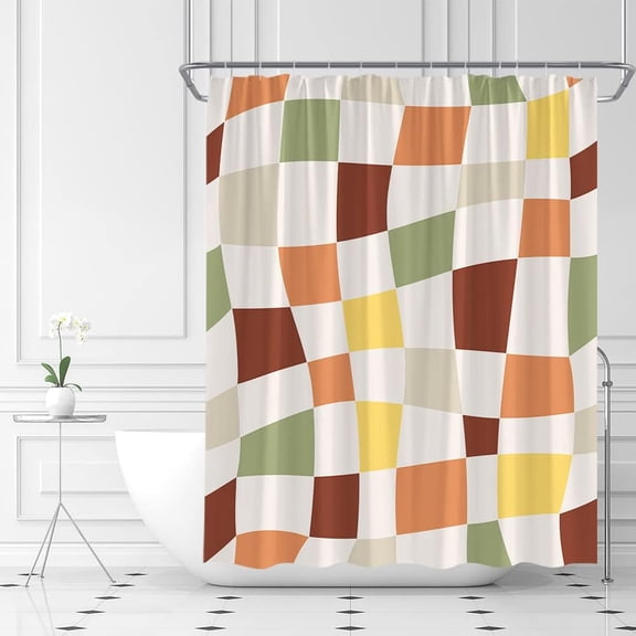 Retro Checkered Shower Curtain Vintage 60s 72s Modern Abstract Aesthetic Funky Hippie Groovy Cute Fabric Bathroom Curtains Decor Set with Hook(36" WX72 H)