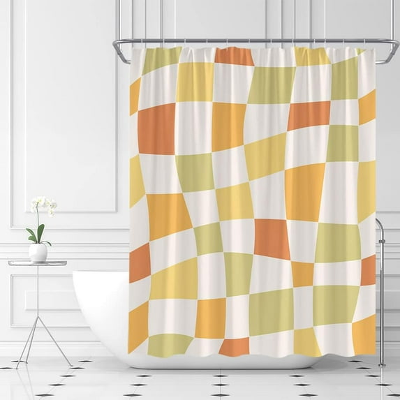 Retro Checkered Shower Curtain Vintage 60s 72s Modern Abstract Aesthetic Funky Hippie Groovy Cute Fabric Bathroom Curtains Decor Set with Hook(84" Wx72 H)