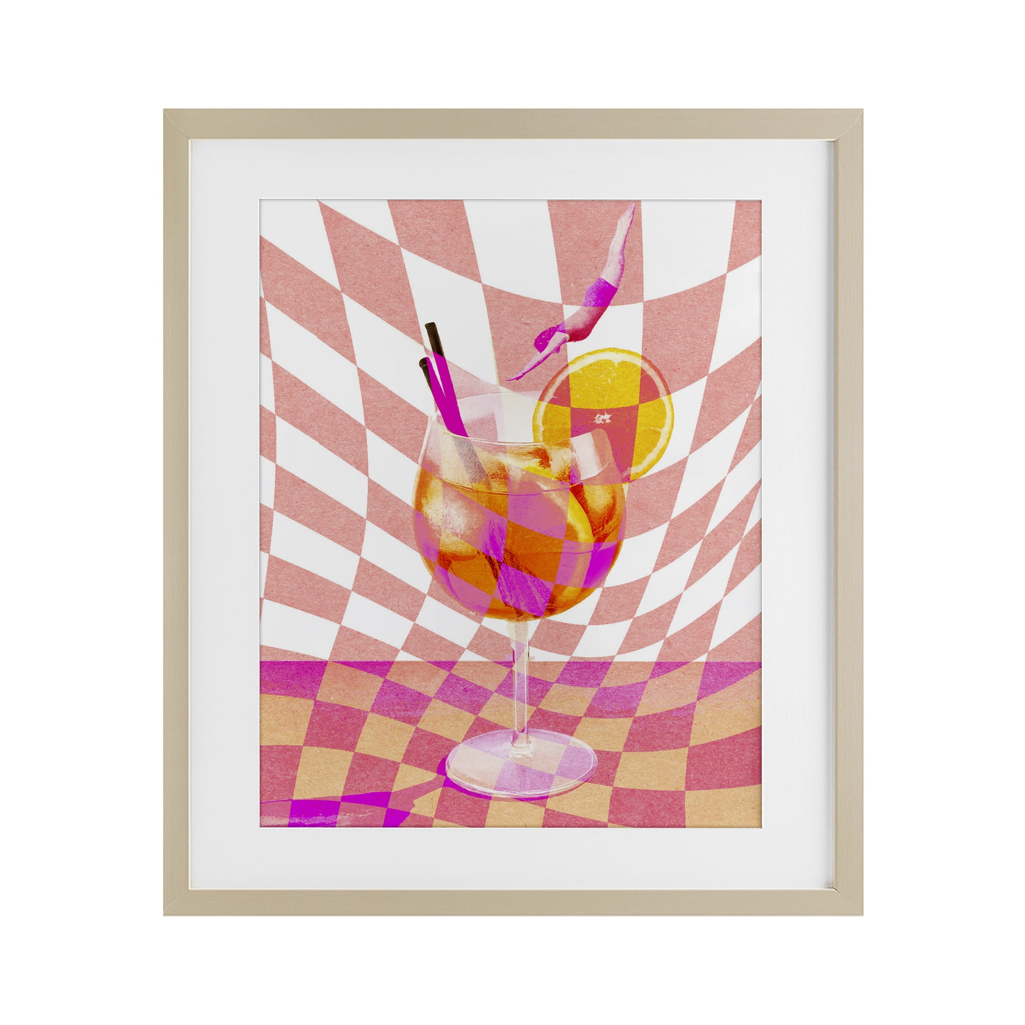 Retro Checkered Summer Cocktail Birch Framed Print Under Glass, design by Lil' Rue
