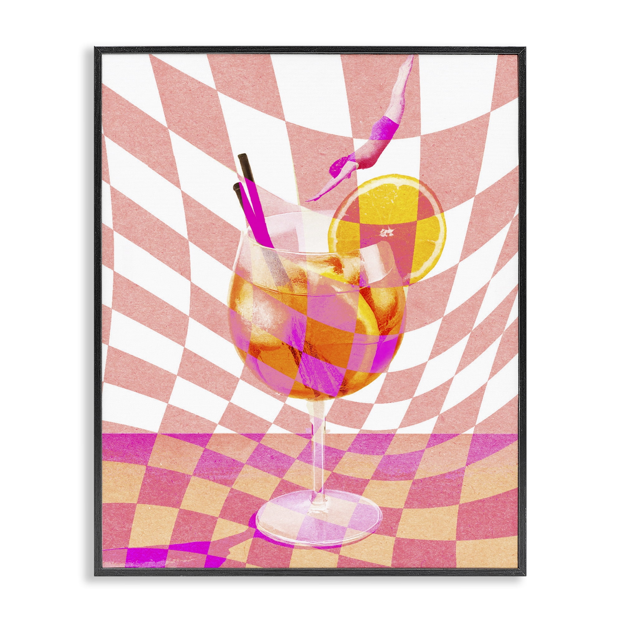 Retro Checkered Summer Cocktail Black Framed Giclee Art, design by Lil' Rue