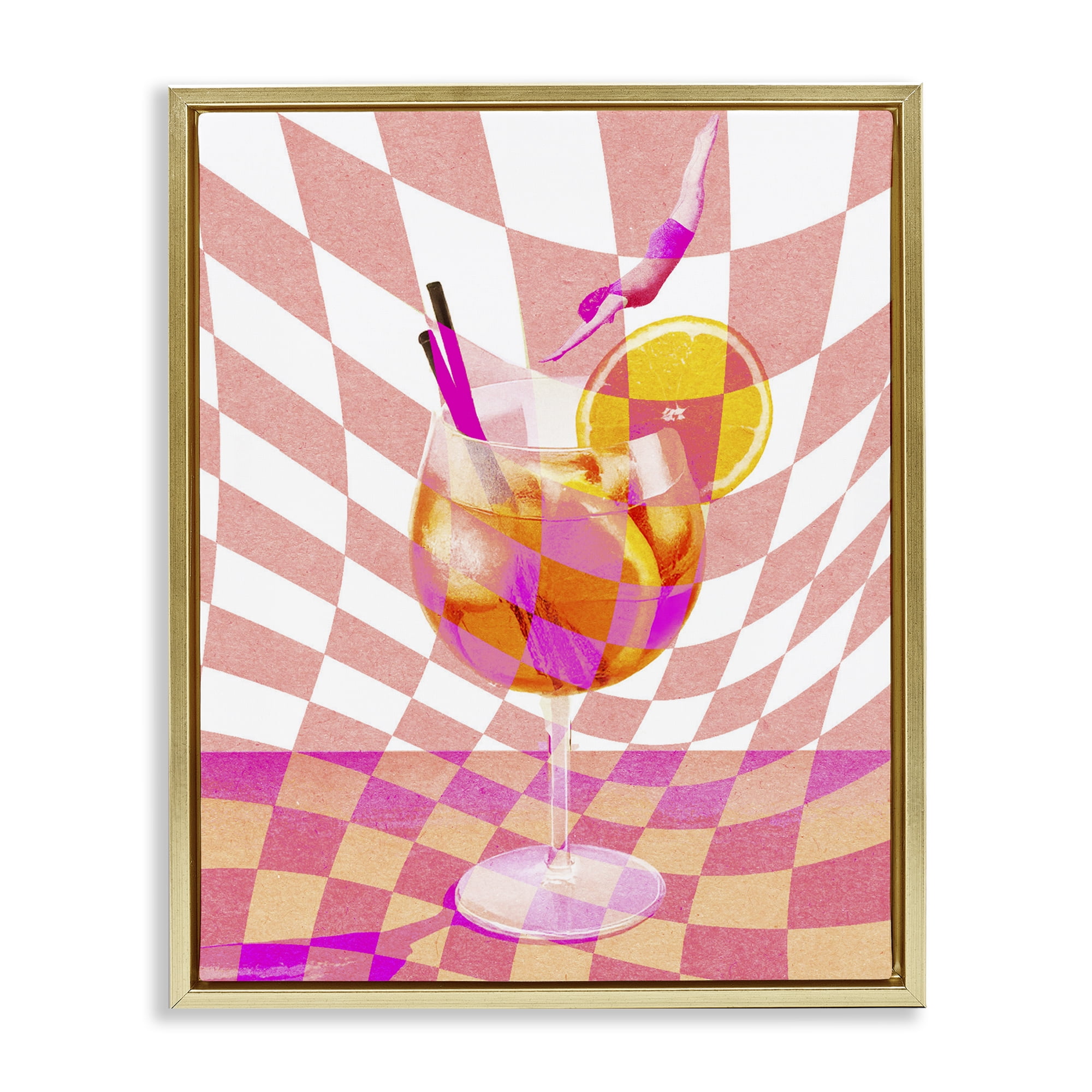 Retro Checkered Summer Cocktail Gold Framed Floater Canvas Wall Art, design by Lil' Rue