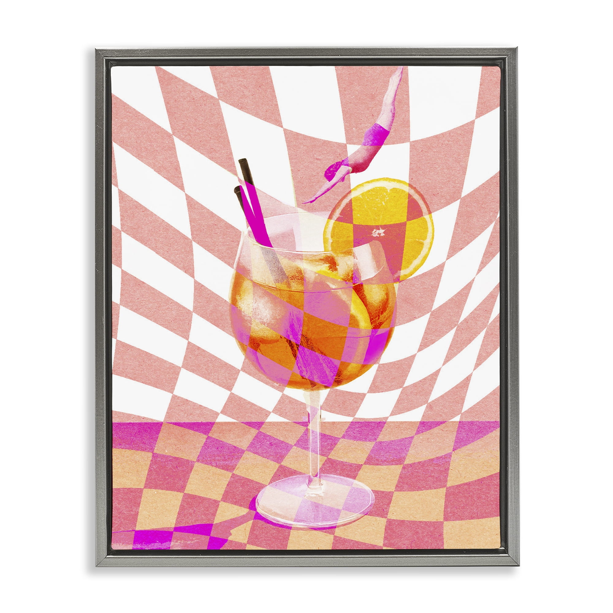 Retro Checkered Summer Cocktail Gray Framed Floater Canvas Wall Art, design by Lil' Rue