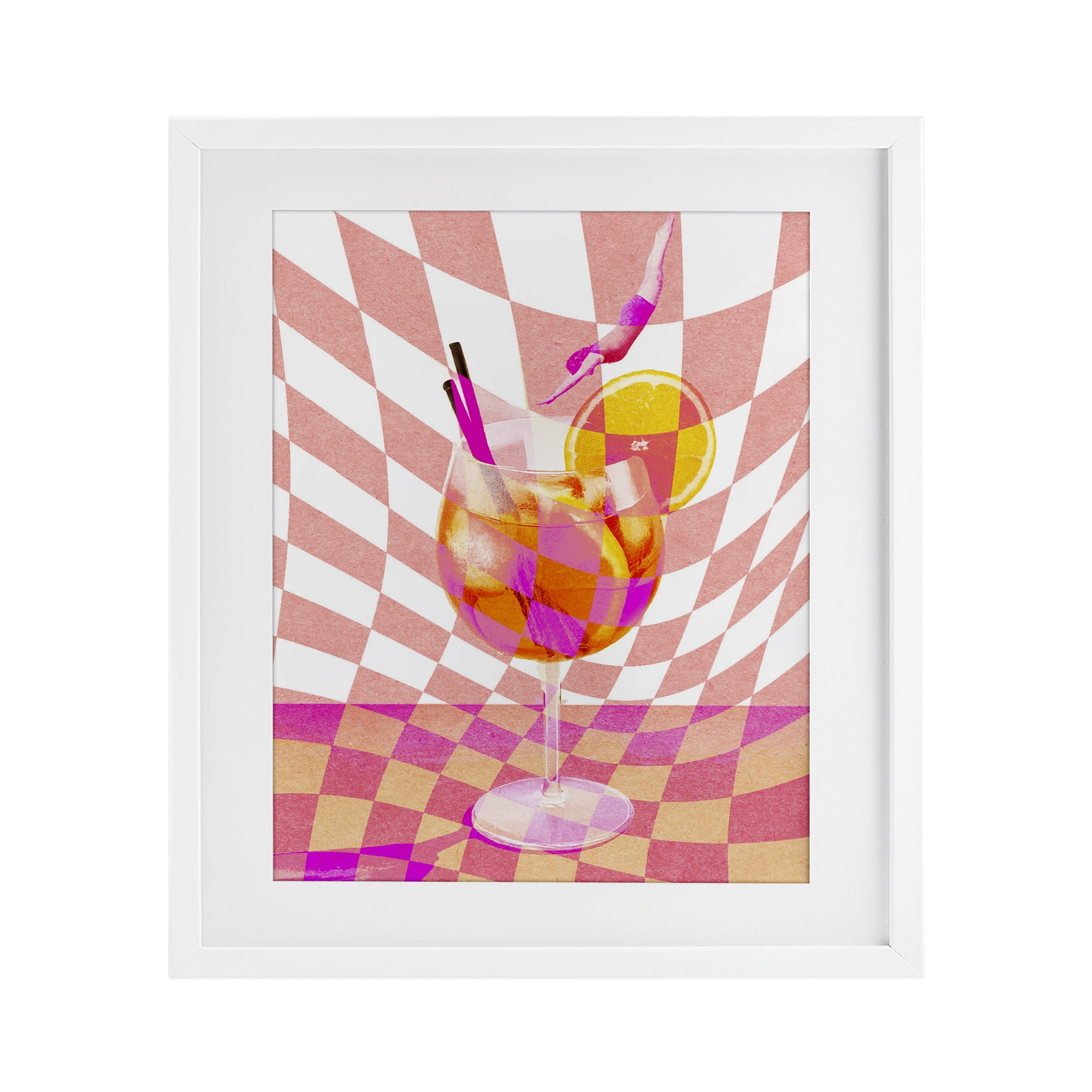 Retro Checkered Summer Cocktail White Framed Print Under Glass, design by Lil' Rue