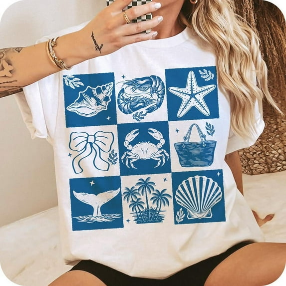 Retro Checkered Summer T-shirt, Girly Summer Design, Coastal Beach Shirt, Summer Coquette Shirt for Girls