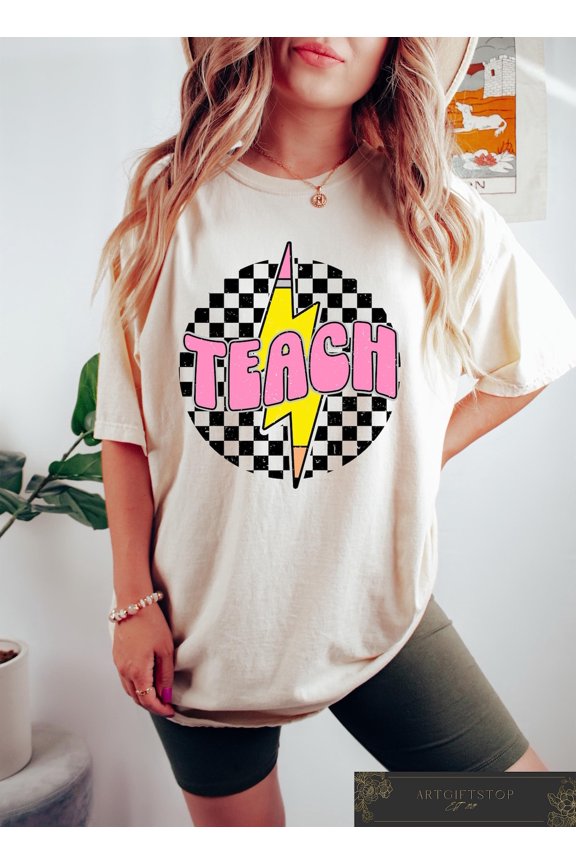 Retro Checkered Teach T-Shirt: Teacher Appreciation, F3295 All Size S-5Xl