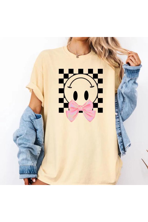 Retro Checkered Upside Down Smiley Face Bow Graphic Tee, Vintage Y2K Smile Design Comfort Colors Unisex Cotton T-Shirt, Size S-3XL