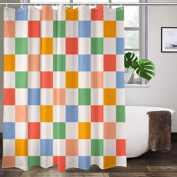 Retro Checkered Vintage 60s 70s Shower Curtain Vintage Washable Waterproof Fabric Bath Curtains Set for Bathroom for Bathroom Decor Art with 12 Hooks - 72x72 Inch