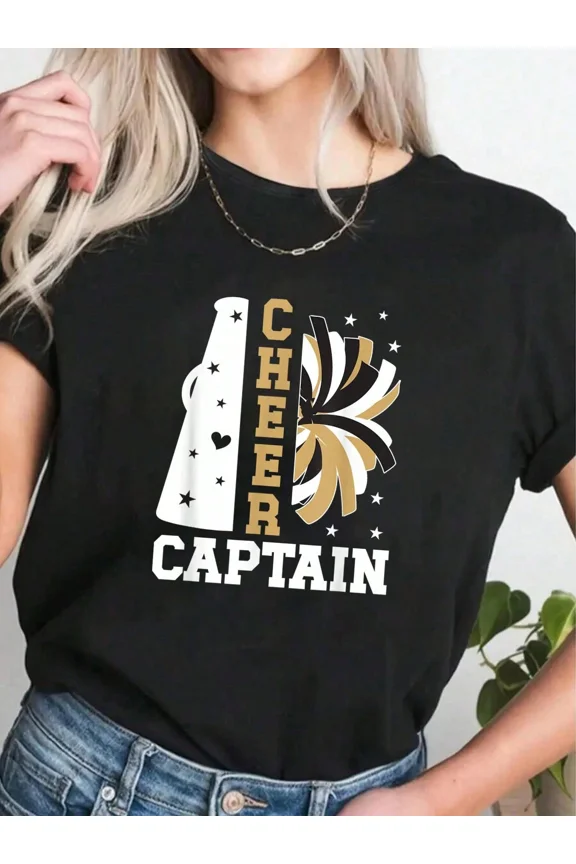 Retro Cheer Captain Graphic T-Shirt for Women, Cute School Spirit Megaphone and Pom Poms Short Sleeve Tee, Funny Cheerleading Squad Leader Apparel