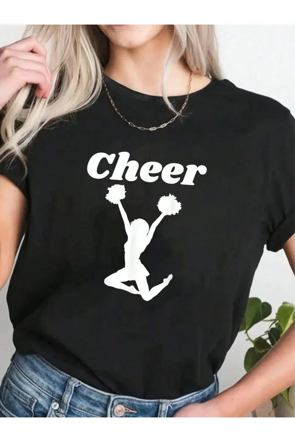 Retro Cheer Cheerleader Silhouette Graphic Tee Women's Sporty Short Sleeve Cotton T-Shirt Cute Athletic Apparel