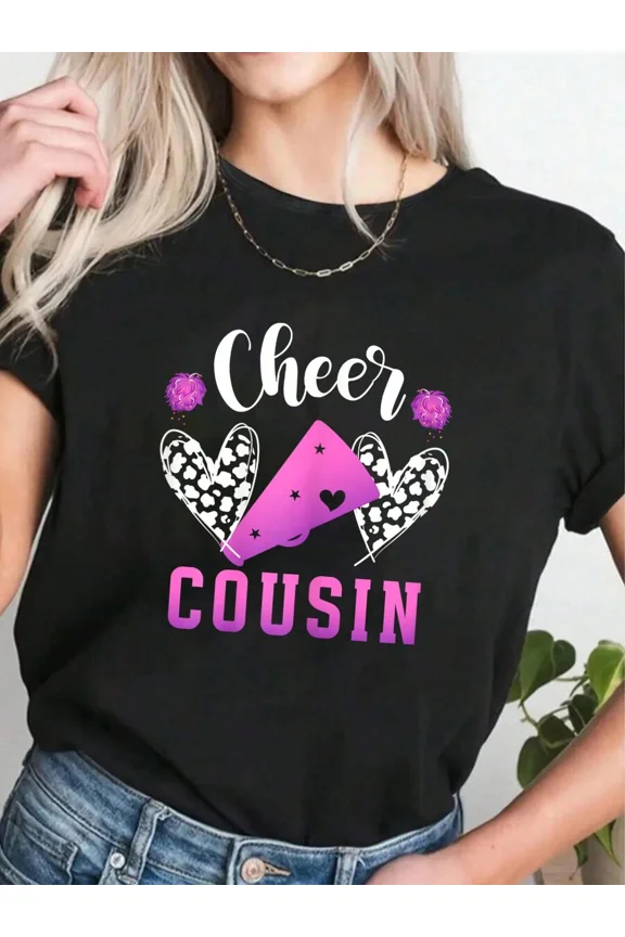 Retro Cheer Cousin Graphic T-Shirt Women's Short Sleeve Crewneck Top Funny Cheerleading Supporter Apparel Pink Megaphone Heart Design