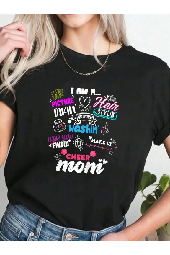 Retro Cheer Mom Graphic Tee Funny Cheerleading Mother Gift Women's Short Sleeve Cotton T-Shirt Support Squad Apparel