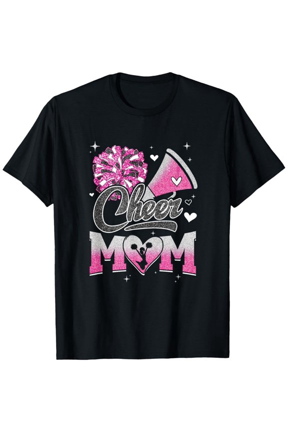 Retro Cheer Mom T-Shirt Pink Glitter Sparkle Cheerleading Support Graphic Tee Cute Sporty Apparel