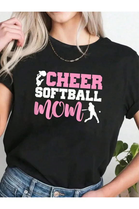Retro Cheer Softball Mom Graphic T-Shirt Funny Sports Mother's Day Gift Short Sleeve Tee for Women