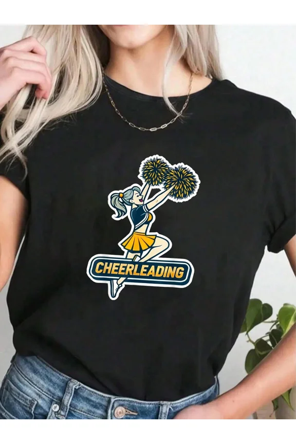 Retro Cheerleading Graphic T-Shirt Women's Sporty Cheer Squad Pom Poms Athletic Short Sleeve Tee Casual Black Top