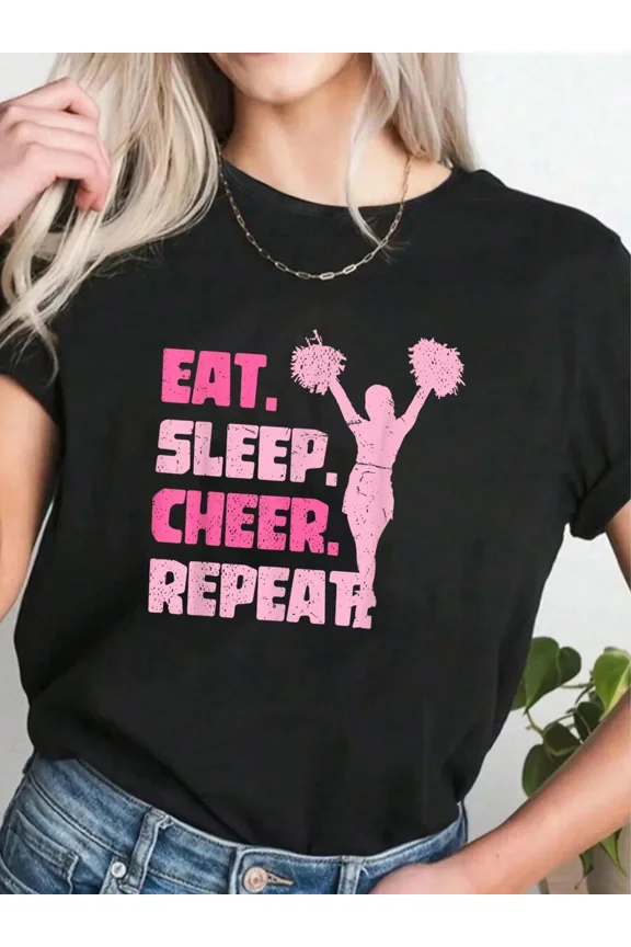 Retro Cheerleading T-Shirt Eat Sleep Cheer Repeat Pink Graphic Tee for Women Motivational Sports Apparel Pom Pom Silhouette Design