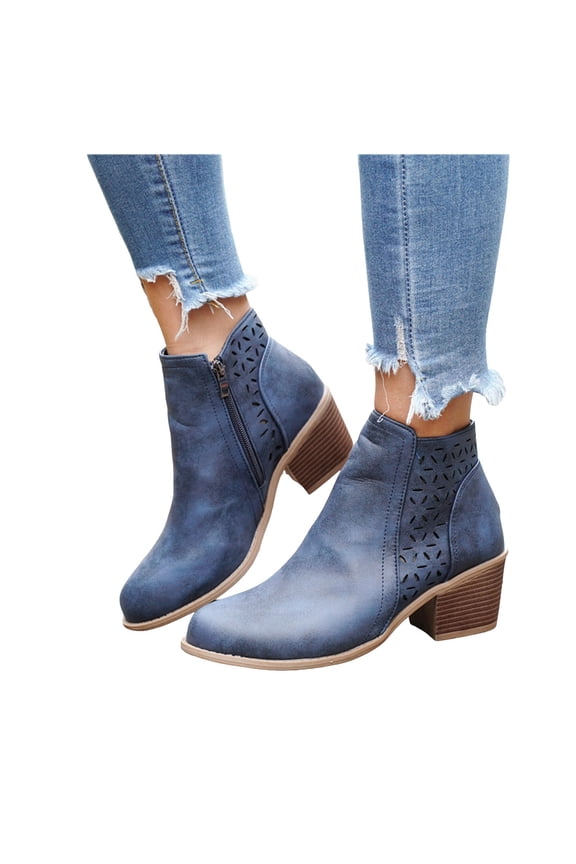Retro Chelsea Boots Women Splice Leather Hollow out Chunky Stacked Heel Dress Fall Booties Pointed Toe Side Zipper Ankle Boots