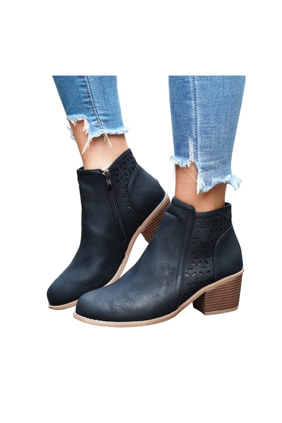 Retro Chelsea Boots Women Splice Leather Hollow out Chunky Stacked Heel Dress Fall Booties Pointed Toe Side Zipper Ankle Boots