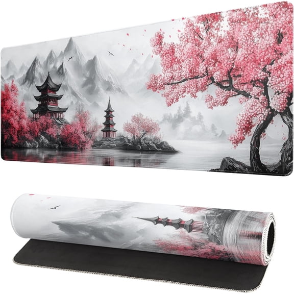Retro Cherry Blossoms Mouse Pad 31.5x11.8 Inch White Full Desk Japanese Mousepad Extended Large Non-Slip Rubber Base Waterproof Big Keyboard Mat with Stitched Edges for Gaming and Office