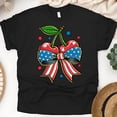 thumbnail image 1 of Retro Cherry Bow T-Shirt for Women, Patriotic Red White Blue Graphic Tee, Black, Size 4XL, 1 of 6
