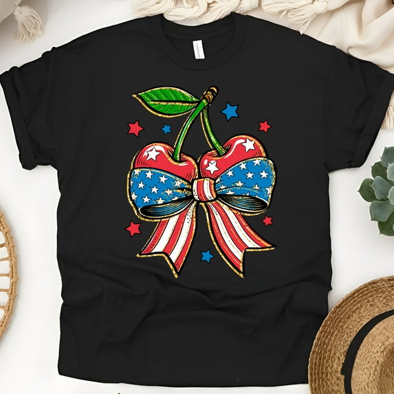 Retro Cherry Bow T-Shirt for Women, Patriotic Red White Blue Graphic Tee, Black, Size 4XL