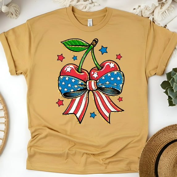 Retro Cherry Bow T-Shirt for Women, Patriotic Red White Blue Graphic Tee, Gold, Size 2XL