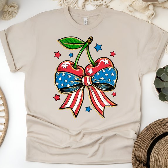 Retro Cherry Bow T-Shirt for Women, Patriotic Red White Blue Graphic Tee, Sand, Size M