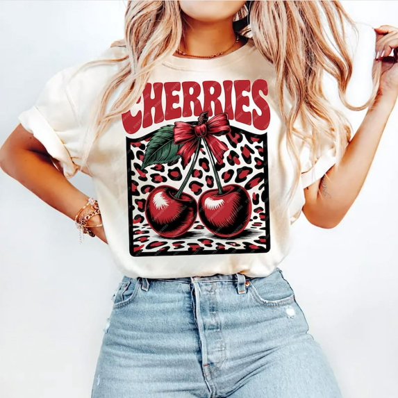 Retro Cherry Coquette T-shirt, Trendy Cherry Bow T-shirt, Aesthetic Shirt, Cheetah Cherry TH210555