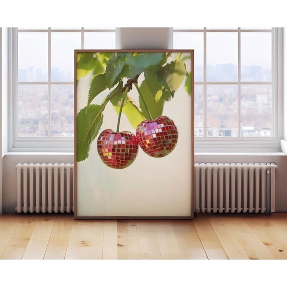 Retro Cherry Disco Ball Poster, Kitchen Poster, Bar Cart Poster, Funky Food Home Decor, Preppy Citrus Fruit Wall Art, Diy Decor, Her, Unframed Canvas Size 24x36