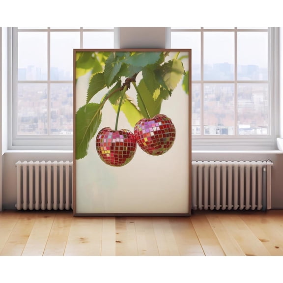 Retro Cherry Disco Ball Print, Kitchen Print, Bar Cart Poster, Funky Food Home Decor, Preppy Citrus Fruit Wall Art, DIY Decor, Her, Size 16x24 UNFFRAMED F03.1.8l2510