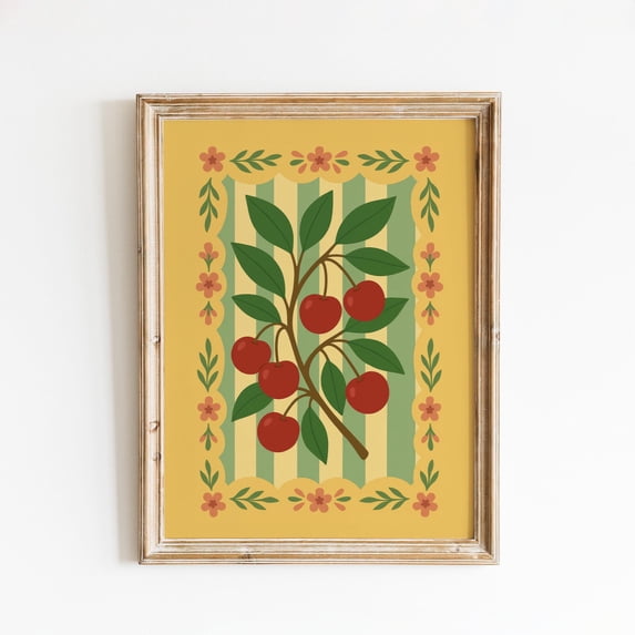 Retro Cherry Fruit Print Folk Art Style Kitchen Poster Home Decor retro-cherry-fruit-print-folk-art-style-kitchen-poster-home-decor