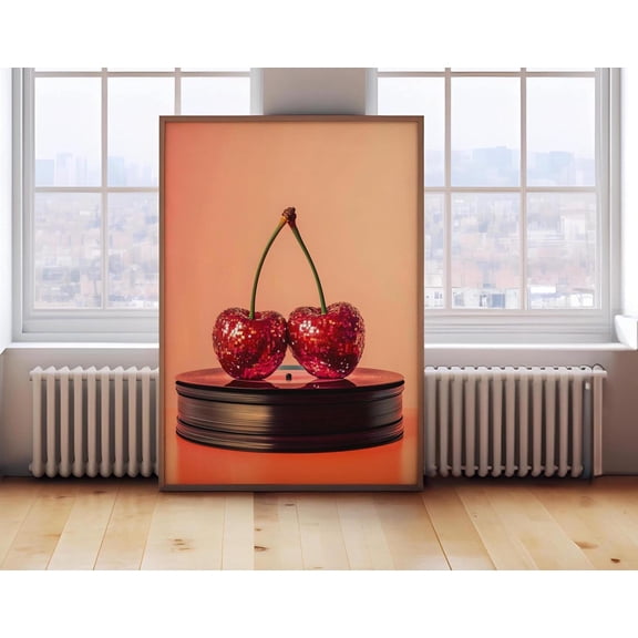 Retro Cherry Music Poster, Vintage Vinyl Wall Art, Disco Ball Funky Poster, Music Wall Art, Trendy Decor, Poster, Diy Art1047, Unframed Poster Size 12x18