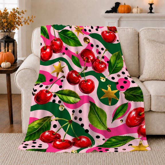 Retro Cherry Pattern Polka Dots Gold Stars, Playful Celestial Scene, Warm Flannel Blanket for Living Room and Bedroom, Celestial Art Lovers Housewarming Gift, Celestial Home Decor