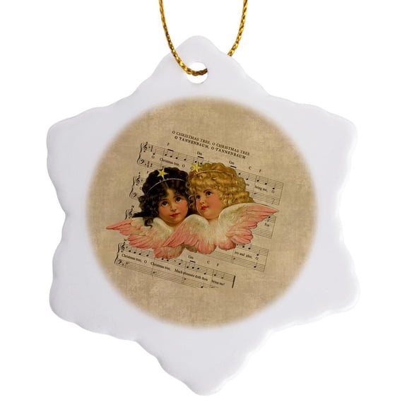 3drose, Retro Cherubs on Music Sheet of Traditional Christmas Song, 3 inch Snowflake Porcelain Ornament