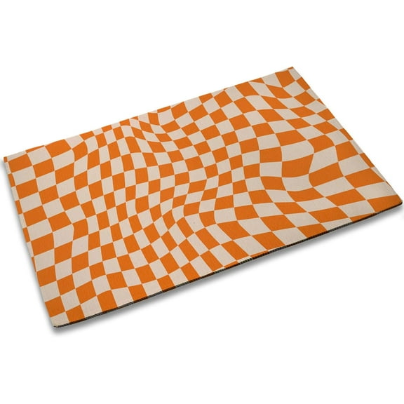 Retro Chess Board Entrance Door Mat,Orange Checker Decor Welcome Doormat, Non-Slip Carpet Rugs Floor Mat Decorative for Home/Bathroom/Kitchen/Indoor 17"x30"
