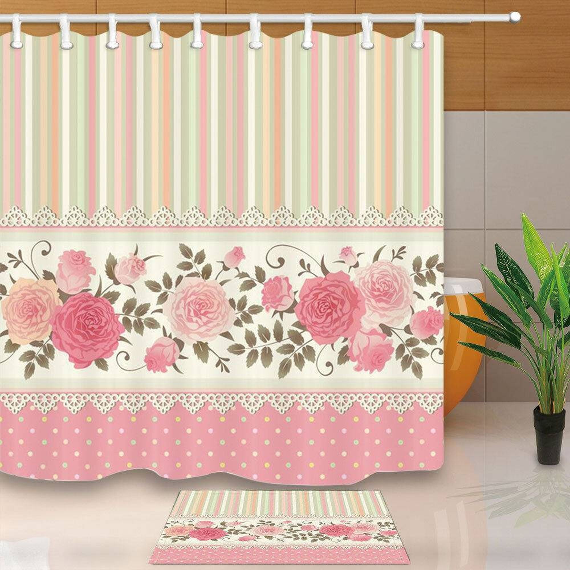Retro Chic Bath Set: Vintage Flower Shower Curtain and Rug for Modern ...