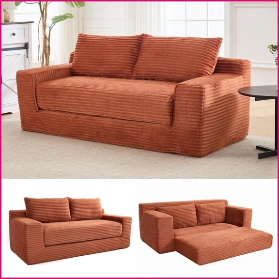 Convertible 2-in-1 Loveseat Sofa Bed - No Assembly Memory Foam | Orange | Corduroy Fabric | Square Arms - Steel Frame for Small Spaces, Apartments