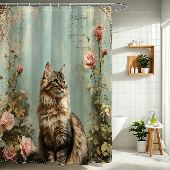 Retro Chic Maine Coon Cat Floral Shower Curtain, Christmas Winter Bathroom Upgrade Decor for Cat Enthusiasts