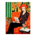 thumbnail image 1 of Retro Chic Oil Painting Orange Green Lounge Portrait Woman and Leopard on Couch Large Wall Art Poster Print Thick Paper 18X24 Inch, 1 of 5