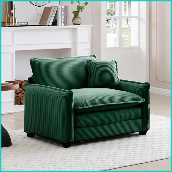 Retro-Chic Single Deep Seat Sofa with Pillow - Green Corduroy for Living Room & Bedroom