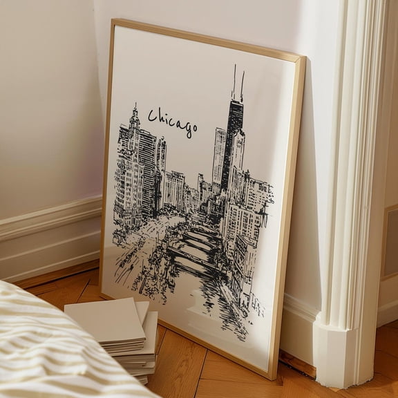 Retro Chicago Print Trendy Wall Art City Black and White, Stretched Canvas 12x16in