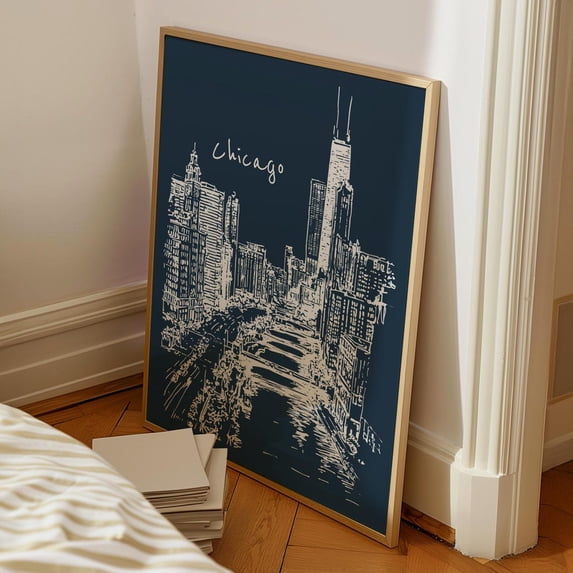Retro Chicago Print Trendy Wall Art City Navy Travel Print, Unframed Canvas 12x16in