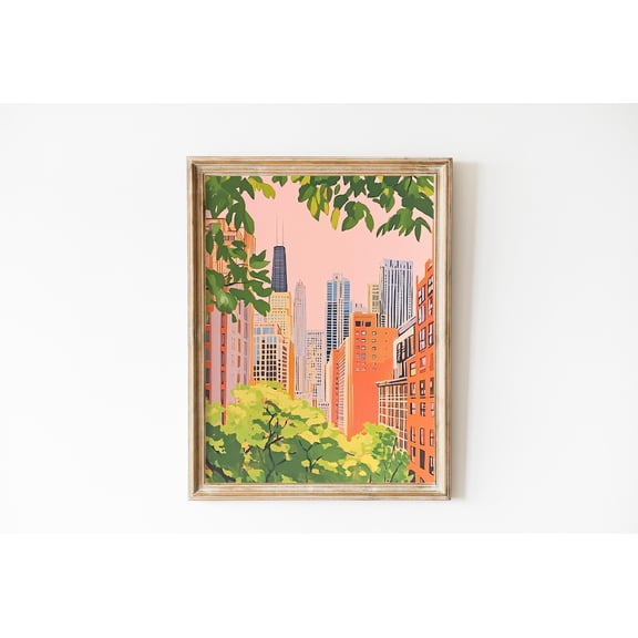 Retro Chicago Skyline Fauvism Cityscape Home Wall Decor, Stretched Canvas 8x10in
