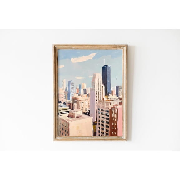 Retro Chicago Skyline Fauvism Cityscape Home Wall Decor, Unframed Paper Poster 11x14in