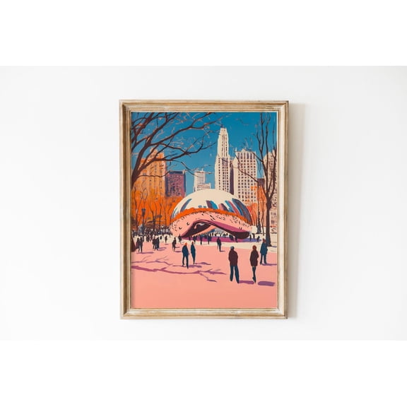 Retro Chicago Travel Pink Cityscape Home Wall Decoration, Unframed Canvas 24x36in