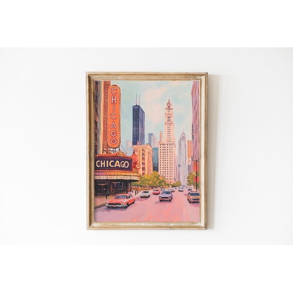 Retro Chicago Travel Soft Pink Cityscape Home Wall Decor, Stretched Canvas 8x10in